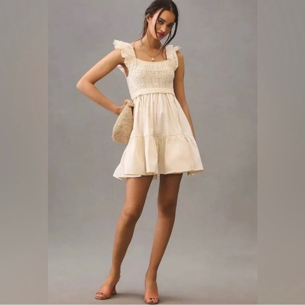 NWT $160 Anthropologie EN SAISON Creme Ruffled Square Neck Mini Dress Sz Medium - Picture 3 of 15